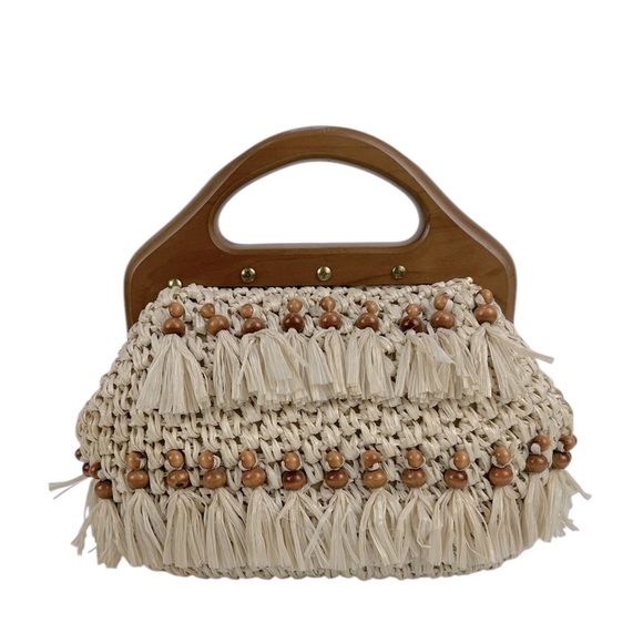 Vintage Handmade Japanese Raffia with Wooden Handle & Beaded detailing Bag Purse - Picture 1 of 10